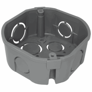 Caja plástica octogonal, gris, apilable.