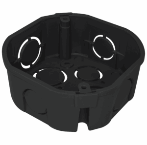 Caja plástica octogonal, negra, apilable.
